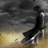 Мужчина брюнет в черном плаще с мечом в поле, вороны и ветер; аватарка 100×100px