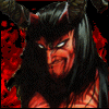 Рогатый демон в огне; аватарка 100×100px