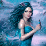 Девушка с голубыми волосами и в голубом платье с птичкой в руках; фэнтези аватарка 150×150px