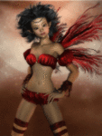 Фейри в красном бикини на фоне темного неба; фэнтези аватарка анимированная 113×150px