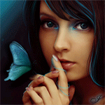 Девушка с большой голубой бабочкой, фэнтези аватарка анимированная 150×150px