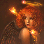 Рыжеволосая девушка ангел среди фейри; фэнтези аватарка анимированная 150×150px