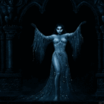 Девушка танцовщица в мерцающей одежде в темном зале; фэнтези аватарка анимированная 150×150px
