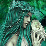Русалка с зелеными волосами слушает раковину; фэнтези аватарка анимированная 150×150px