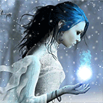 Девушка брюнетка в белом платье кастует холод, идет снег; фэнтези аватарка 150×150px