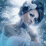 Красотка брюнетка в белом платье, идет снег; фэнтези аватарка 150×150px