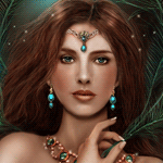Девушка шатенка с зелеными глазами с изящными украшениями, фэнтези аватарка анимированная 150×150px