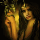 Девушка в диадеме держит в руках дракона, фэнтези аватарка анимированная 140×140px