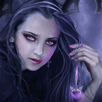 Девушка со сверкающим кулоном в руке, фэнтези аватарка анимированная 150×150px