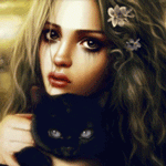 Грустная девушка, с цветами в волосах, держит на руках черного кота, аватарка анимированная 150×150px