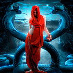 Девушка в красных одеждах с коронованными змеями, аватарка фэнтези анимированная 150×150px