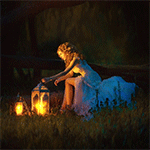 Девушка сидит возле двух фонарей в траве около ограды, аватарка анимированная 150×150px