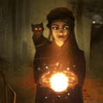 Девушка с котом на плече и огненным шаром в руках, фэнтези аватарка анимированная 150×150px