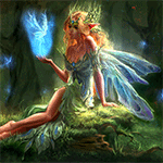 Девушка эльф сидит на дереве и держит на ладошке маленького эльфа, фэнтези аватарка анимированная 150×150px