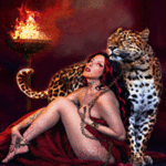 Рыжая полуобнаженная девушка с леопардом, анимированная фэнтези аватарка 150×150px
