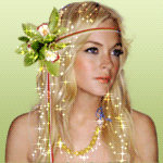 Девушка блондинка с блестящими украшениями, с цветком в волосах, фэнтези аватарка анимированная 150×150px