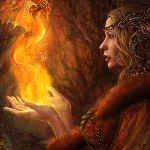 Девушка держит в руках огненного дракона, фэнтези аватарка анимированная 150×150px