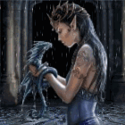 Девушка эльфийка стоит в воде под дождем и держит в руках дракона, фэнтези аватарка анимированная 140×140px
