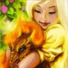 Девочка в желтом платье держит в руках горящего дракона, фэнтези аватарка анимированная 140×140px
