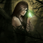 Девушка брюнетка держит в руках пульсирующий зеленый огонек, фэнтези аватарка анимированная 150×150px