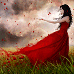 Девушка в красном платье на маковом поле, фэнтези аватарка анимированная 150×150px