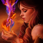 Рыжеволосая девушка кастует заклинание, фэнтези аватарка анимированная 150×150px