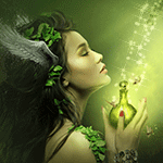 Девушка с магической склянкой в руках, фэнтези аватарка анимированная 150×150px