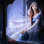 Девушка в голубом у арочного окна, аватарка анимированная 150×150px