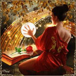 Девушка брюнетка в красном с книгой заклинаний, аватарка анимированная 150×150px