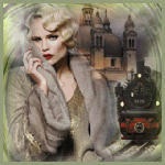 Девушка блондинка на стимпанковском вокзале, аватарка анимированная 150×150px