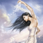 Девушка брюнетка в белом на фоне облаков колдует; аватарка анимированная 150×150px