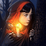 Брюнетка Красная шапочка светит свечкой из-за дерева; фэнтези аватарка анимированная 150×150px