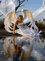 Девушка ангел сидит на берегу озера; фэнтези аватарка анимированная 150×200px