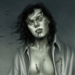 Девушка вампир на мрачном фоне с летящими птицами; фэнтези аватарка анимированная 150×150px