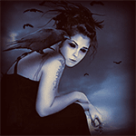 Вампирша в черном платье на фоне ночного неба и летящих птиц; фэнтези аватарка анимированная 150×150px