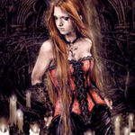 Рыжеволосая девушка вампир на алтаре среди свечей; фэнтези аватарка анимированная 150×150px