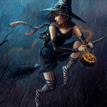 Ведьма в шляпе на метле с тыквой в руке под дождем; аватарка ведьма 150×150px