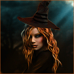 Рыжая ведьма в шляпе в темном одеянии, ночь; анимированная аватарка 150×150px