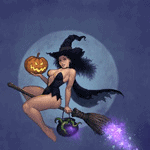 Ведьма в шляпе на метле с тыквой в руке, полная луна; аватарка ведьма 150×150px