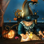 Ведьма в шляпе за чтением колдовской книги; анимированная аватарка 150×150px