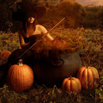 Ведьма в шляпе с метлой варит колдовское зелье на поле тыкв; аватарка 150×150px