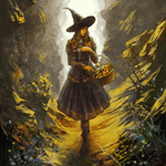Ведьма в шляпе в темном платье с корзинкой в осеннем лесу; аватарка 150×150px