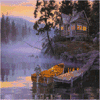 Одинокий домик на берегу озера в лесу на закате; аватарка 100×100px