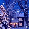 Зима и ночь, деревня и падающий снег; аватарка 100×100px