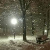 Зимний парк, фонарь и скамейка, и падающий снег; аватарка 100×100px