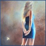 Девушка блондинка с шикарной фигурой в голубом платье; аватарка анимированная 150×150px