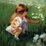 Маленькая девочка собирает ромашки на лугу; аватарка анимированная 150×150px