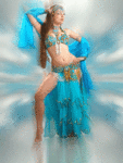 Танец живота брюнетки, в голубых тонах одеяния; анимированная аватарка 113×150px