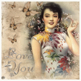 Улыбчивая брюнетка в ярком цветочном платье; анимированная аватарка 160×160px