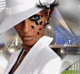Темнокожая гламурная девушка в белом костюме и шляпе, Бруклинский мост; анимированная аватарка 160×148px